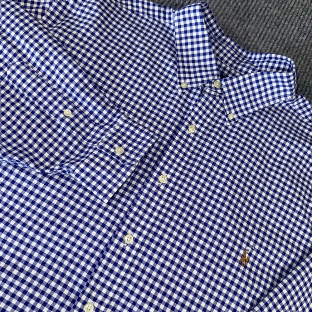 Polo Ralph Lauren Mens 2XB Big & Tall Blue White Gingham Oxford Button Shirt